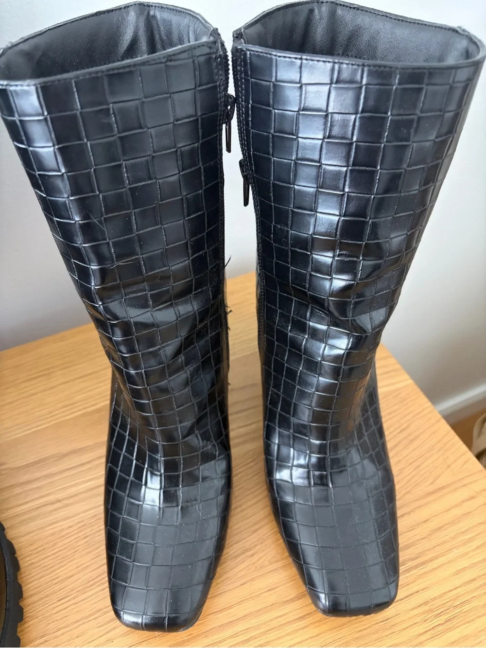 Black Croc-Textured Mid-Calf Boots
